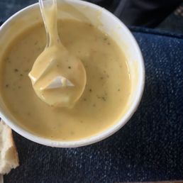 Broccoli soup with a chunk of plastic... Broccoli soup with a chunk of plastic...