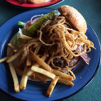 Buck's - Medium rare burger buried in onion strings. - American Near Me - Woodside, California
