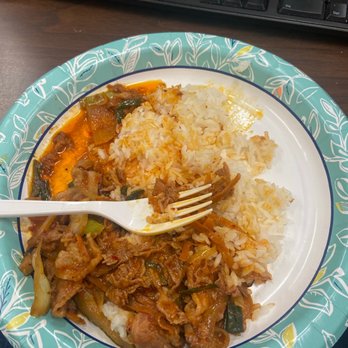 Yune's Sushi - Spicy Pork Bulgoki w/white rice along with a strand of black colored HAIR! - Japanese Near Me - Monroe, New York Yune's Sushi - Spicy Pork Bulgoki w/white rice along with a strand of black colored HAIR! - Japanese Near Me - Monroe, New York