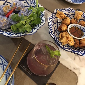 Kin Dee - Purple rain cocktail, Thai flower dumplings, money bags - Thai Near Me - Houston, Texas
