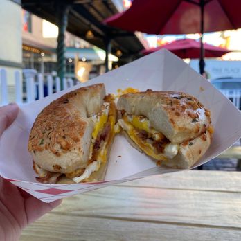 Bagelbop - Bacon, egg, and cheese on an Asiago bagel - Bagels Near Me - Seattle, Washington