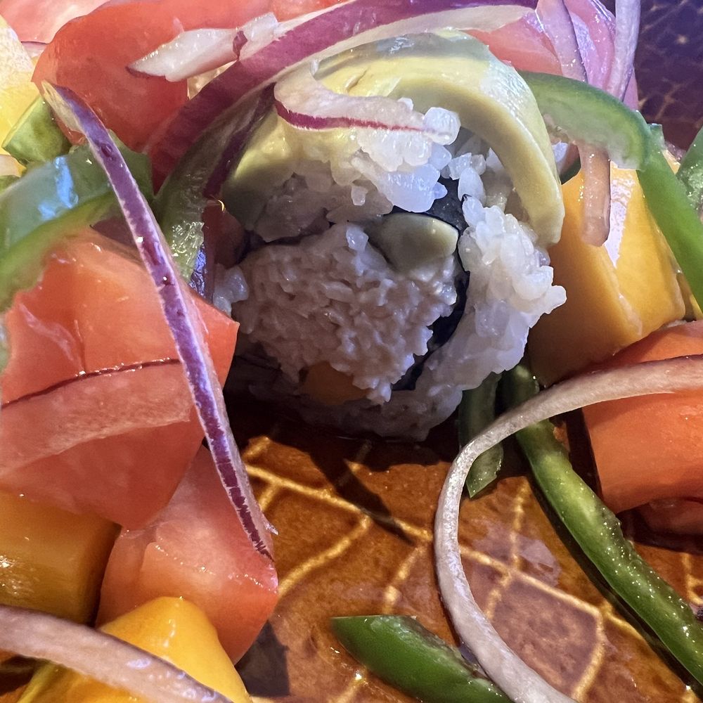 Ahoyama Restaurant - Baja Fresh roll-Crab meat, mango & avocado topped with tuna, mango, tomato, jalapeno, red onion & ponzu sauce. - Sushi Bars Near Me - Hurst, Texas Ahoyama Restaurant - Baja Fresh roll-Crab meat, mango & avocado topped with tuna, mango, tomato, jalapeno, red onion & ponzu sauce. - Sushi Bars Near Me - Hurst, Texas