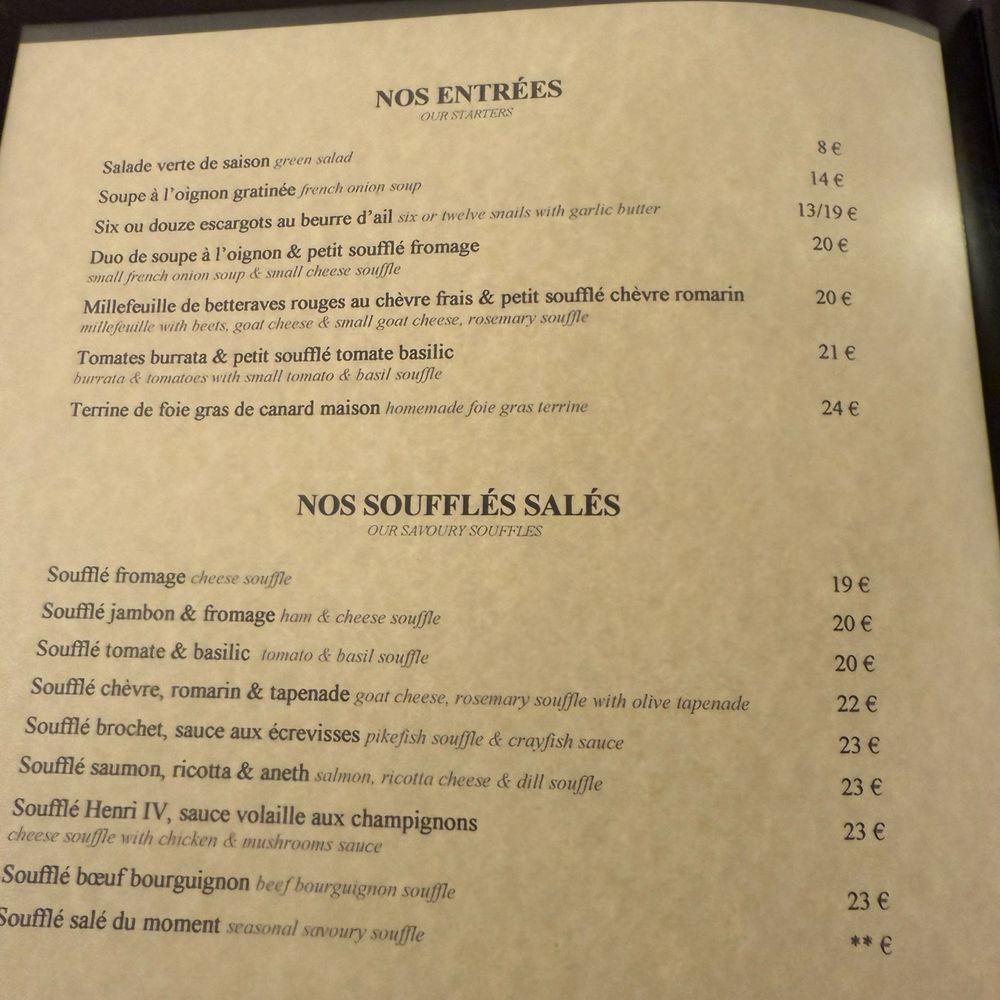 Le Soufflé - Menu (May 2025) - French Near Me - Paris, 75