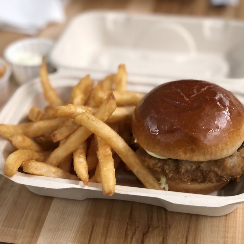 Katsu burger and fries Katsu burger and fries