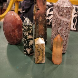 Hematoid quartz (fire quartz) Fossilized Chrysanthemum Pyrite  White Leopard Jasper BumbleBee Jasper Sunset Aura Quartz