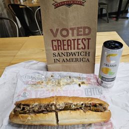 Cheesesteak with Hot & Sweet Peppers and a Celsius Lemon-Lime Energy Drink! Cheesesteak with Hot & Sweet Peppers and a Celsius Lemon-Lime Energy Drink!