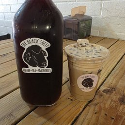 Cold brew jug and a white mocha with irish cream cold foam. Cold brew jug and a white mocha with irish cream cold foam.