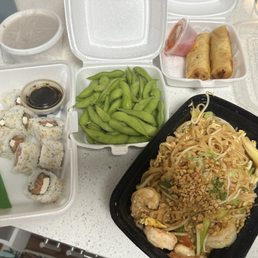 Pad Thai, edamame, Philly roll and house spring rolls Pad Thai, edamame, Philly roll and house spring rolls