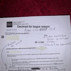 Wells Fargo Bank - Wells Fargo declines credit application for crazy reason.