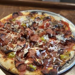575 Pizzeria - Triple D with added meatballs. Substituted Roasted Red Pepper for the original Green Peppers.