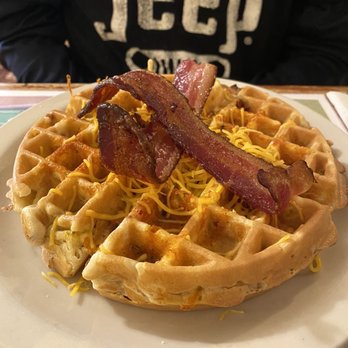 Astronomical Pancake House - Bacon Cheddar Waffles (special) - Breakfast & Brunch Near Me - Williamsburg, Virginia Astronomical Pancake House - Bacon Cheddar Waffles (special) - Breakfast & Brunch Near Me - Williamsburg, Virginia