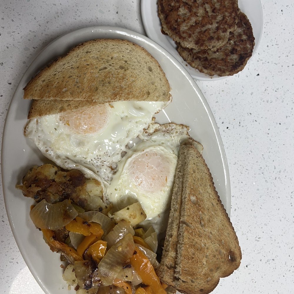 Brittany’s Cafe - Two eggs over easy home fries with peppers and onions rye toast and Turkey Sausage - Breakfast & Brunch Near Me - Atlantic City, New Jersey