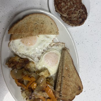 Brittany’s Cafe - Two eggs over easy home fries with peppers and onions rye toast and Turkey Sausage - Breakfast & Brunch Near Me - Atlantic City, New Jersey Brittany’s Cafe - Two eggs over easy home fries with peppers and onions rye toast and Turkey Sausage - Breakfast & Brunch Near Me - Atlantic City, New Jersey