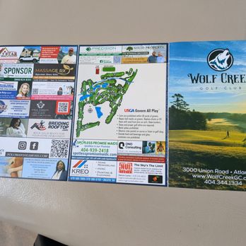 Wolf Creek Golf Club - Scorecard, side 1 of 2, as of 3/28/2026. Cover, course layout, rules, ads. - Golf Near Me - Atlanta, Georgia Wolf Creek Golf Club - Scorecard, side 1 of 2, as of 3/28/2026. Cover, course layout, rules, ads. - Golf Near Me - Atlanta, Georgia