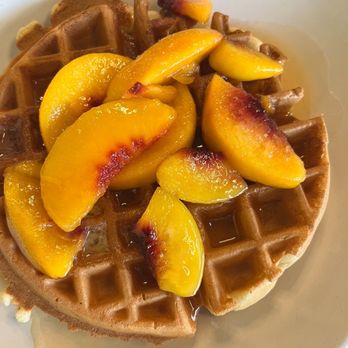 Sugarbakers Bistro & Bakery - Belgium waffle with warm peaches - Bakeries Near Me - Corpus Christi, Texas Sugarbakers Bistro & Bakery - Belgium waffle with warm peaches - Bakeries Near Me - Corpus Christi, Texas