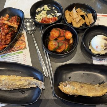 BCD Tofu House - Sides with kim chi and fried yellow croaker - Korean Near Me - Irvine, California BCD Tofu House - Sides with kim chi and fried yellow croaker - Korean Near Me - Irvine, California