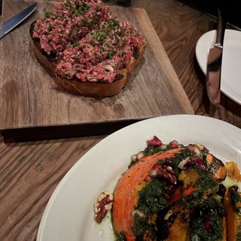 Gjelina - Grilled Kabocha Squash, Mint Pesto & Pomegranate and Beef Tartare - New American Near Me - Venice, California Gjelina - Grilled Kabocha Squash, Mint Pesto & Pomegranate and Beef Tartare - New American Near Me - Venice, California