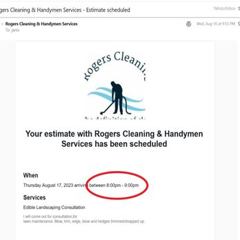 Rogers Cleaning & Handymen Services - Email of appt schedule sent from his business. - Pressure Washers Near Me Rogers Cleaning & Handymen Services - Email of appt schedule sent from his business. - Pressure Washers Near Me