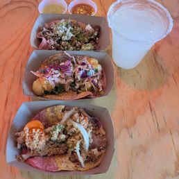 Suadero, shrimp, and brisket tacos.