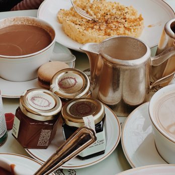 Ladurée - Assortment of jam, scrambled eggs, and a hot chocolate. - Macarons Near Me - Paris, 75 Ladurée - Assortment of jam, scrambled eggs, and a hot chocolate. - Macarons Near Me - Paris, 75