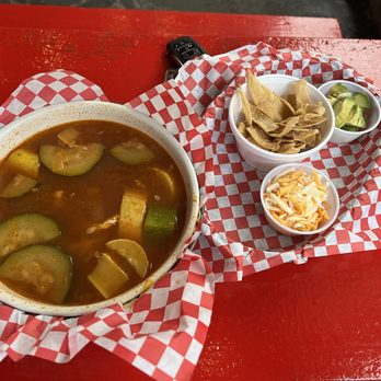 Little Matt's - Chicken tortilla soup with chips, cheese, and avocado on the side - Burgers Near Me - Houston, Texas Little Matt's - Chicken tortilla soup with chips, cheese, and avocado on the side - Burgers Near Me - Houston, Texas