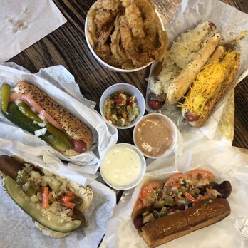 Devil Dawgs -  South State - We ordered all the dogs. Mine is the vegan one in the lower left with added giardiniera pickles. - Hot Dogs Near Me - Chicago, Illinois