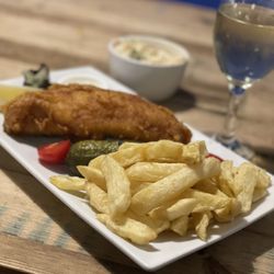 Hobson's Fish & Chips - Haddock & chips + coleslaw, gherkin (pickles) and house white - everything was delicious