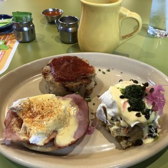 Snooze, an A.M. Eatery - the Benny Duo, lox/latke & traditional ham w/hash browns - Breakfast & Brunch Near Me - Charlotte, North Carolina