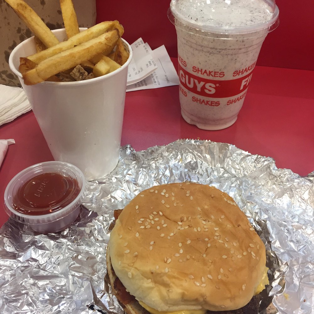 Five Guys - Little bacon cheeseburger, Regular sized fries and an Oreo cookies pieces milkshake - Burgers Near Me - Port Jefferson Station, New York