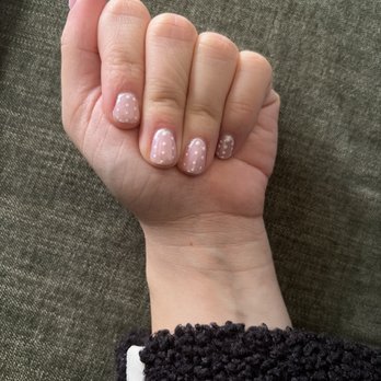 Lanny Nails - Pearly chrome builder gel on natural nails with white polka dots! - Nail Salons Near Me - Los Angeles, California Lanny Nails - Pearly chrome builder gel on natural nails with white polka dots! - Nail Salons Near Me - Los Angeles, California