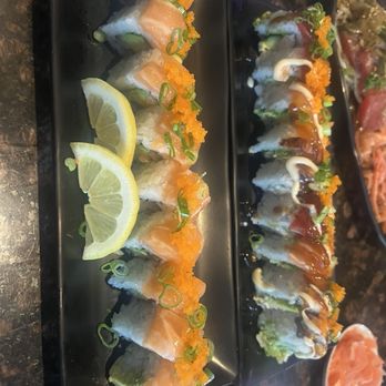 I Love Sushi - Sour salmon roll with all fresh salmon (no smoked) on left, Elvis roll on right - Sushi Bars Near Me - Clovis, California