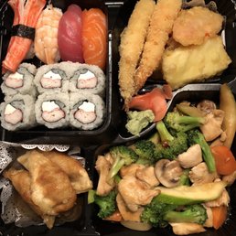 Chicken bento. $16.95 includes hib chicken/veg, pork dumplings, Ca. roll (subbed Philly), 4 pieces of sushi, veg tempura and soup & salad. Chicken bento. $16.95 includes hib chicken/veg, pork dumplings, Ca. roll (subbed Philly), 4 pieces of sushi, veg tempura and soup & salad.