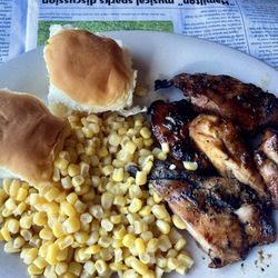 LocoGrinz Hawaiian Style Plate Lunch - BBQ chicken w/ rolls and corn