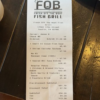 Fresh Off the Boat Fish Grill - For the amount of food and the excellent tasting of it, the price is perfect. - Mediterranean Near Me - Tustin, California Fresh Off the Boat Fish Grill - For the amount of food and the excellent tasting of it, the price is perfect. - Mediterranean Near Me - Tustin, California