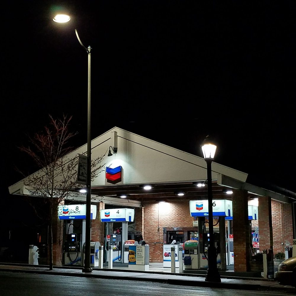 a gas station at night