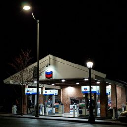 a gas station at night