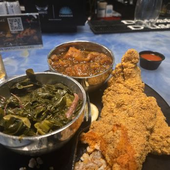 Kitchen Kocktails by Kevin Kelley - Catfish, greens and sweet potatoes - Cocktail Bars Near Me - Charlotte, North Carolina