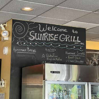 Sunrise Grill - a large chalkboard sign above a refrigerator - American Near Me - Kittery, Maine