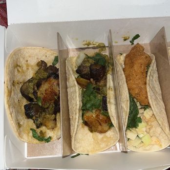 Bartaco - The most decent looking tacos from our $50 dollar order. (Decent might be too strong of a word). Mushroom tacos and one fish taco - Tapas/Small Plates Near Me - Port Chester, New York