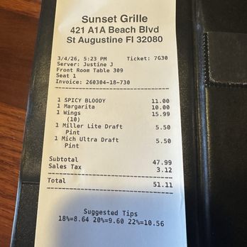 Sunset Grille - Bill and the waitress was pleasant. - Seafood Near Me - Saint Augustine, Florida