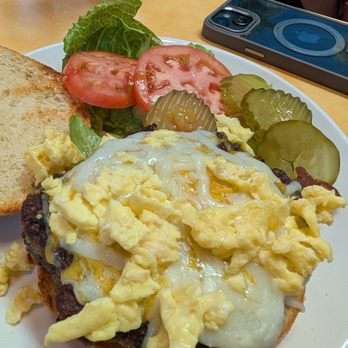 Matthew's Pancake House - Breakfast smash burger. This one has both scrambled (not ordered) and over easy (over medium ordered) eggs. - Breakfast & Brunch Near Me - Little River, South Carolina Matthew's Pancake House - Breakfast smash burger. This one has both scrambled (not ordered) and over easy (over medium ordered) eggs. - Breakfast & Brunch Near Me - Little River, South Carolina