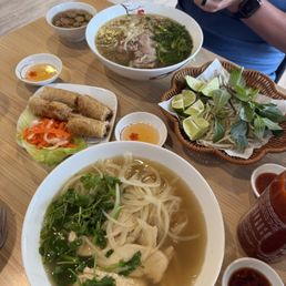 Beef pho, chicken pho, fried egg rolls "net" style