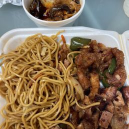 3 entree plate with noodles. The jalapeño chicken was great and the mushroom chicken the winner. The noodles were average, but still good. 3 entree plate with noodles. The jalapeño chicken was great and the mushroom chicken the winner. The noodles were average, but still good.