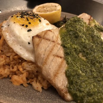 Pacific Catch - Yellowtail with Asian herb chimichurri and kimchi fried rice  + fried egg - Seafood Near Me - San Mateo, California