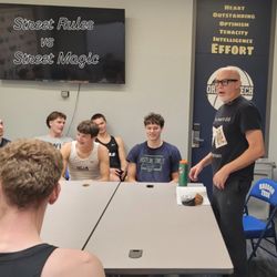 Howtopassthedrivetest - The Drivers Ed Magician performing street rules vs street magic for Oregon Tech Men's Basketball Team