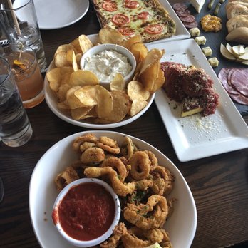 Fenton River Grill - Calamari, chips, meatballs, pesto pizza flatbread - American Near Me - Mansfield, Connecticut