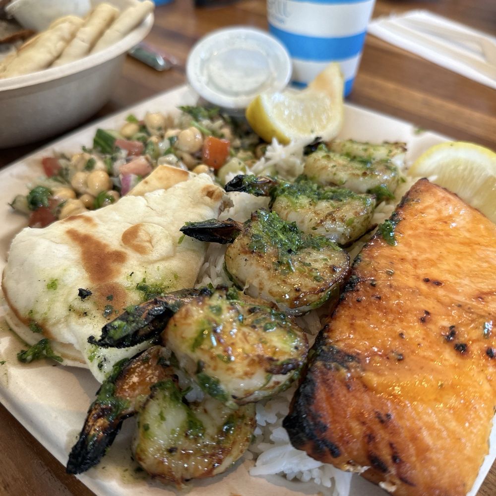 Luna Grill Bressi Ranch - Salmon and shrimp plate with chickpea medley - Mediterranean Near Me - Carlsbad, California Luna Grill Bressi Ranch - Salmon and shrimp plate with chickpea medley - Mediterranean Near Me - Carlsbad, California