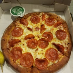 Papa Johns Pizza - Small pizza. Pep extra cheese. Delivery $17. Cheese tasted disgusting. Fake cheese or poor quality