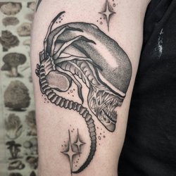 Deep Roots Tattoo & Body Piercing - Black and grey Alien tattoo by Dez.