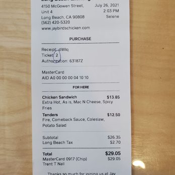 Jay Bird's Chicken - 7-26-21 Receipt - Chicken Shop Near Me - Long Beach, California Jay Bird's Chicken - 7-26-21 Receipt - Chicken Shop Near Me - Long Beach, California